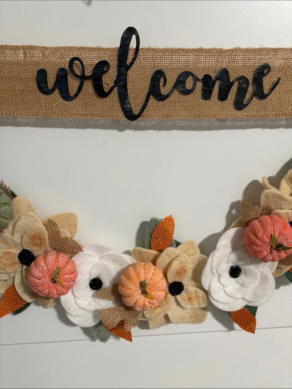 Hand Crafted Burlap 'Welcome' Hoop Wreath with Orange, Cream, Green Accents